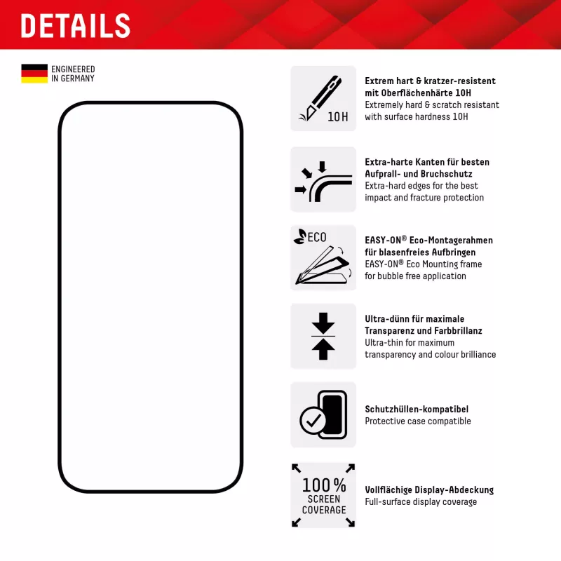Displex Full Cover protector de pantalla de cristal (10H) para Apple iPhone 15/15 Pro, marco de montaje Eco, Full Cover