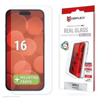 Protector de pantalla Displex + funda para Apple iPhone 16, marco de montaje Eco, resistente a arañazos
