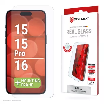 Protector de pantalla Displex (10H) para Apple iPhone 15/15 Pro/16, marco de montaje Eco, resistente a arañazos