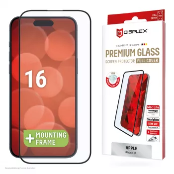 Displex Premium lámina protectora de pantalla (Full Cover, 10H) para Apple iPhone 16, marco de montaje Eco, Full Cover