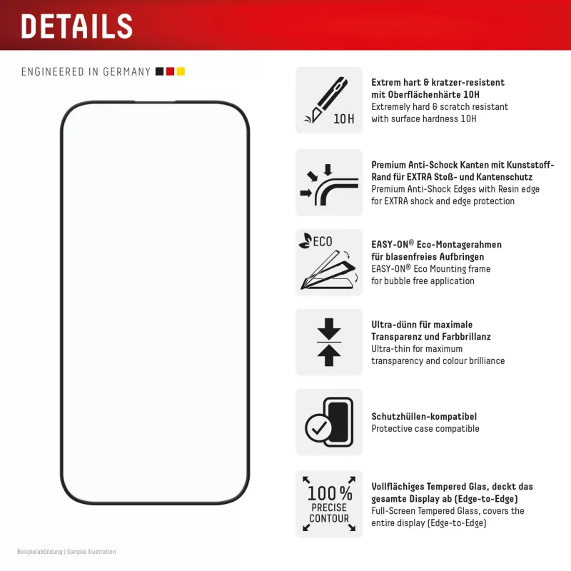 Displex Premium lámina protectora de pantalla (Full Cover, 10H) para Apple iPhone 16, marco de montaje Eco, Full Cover