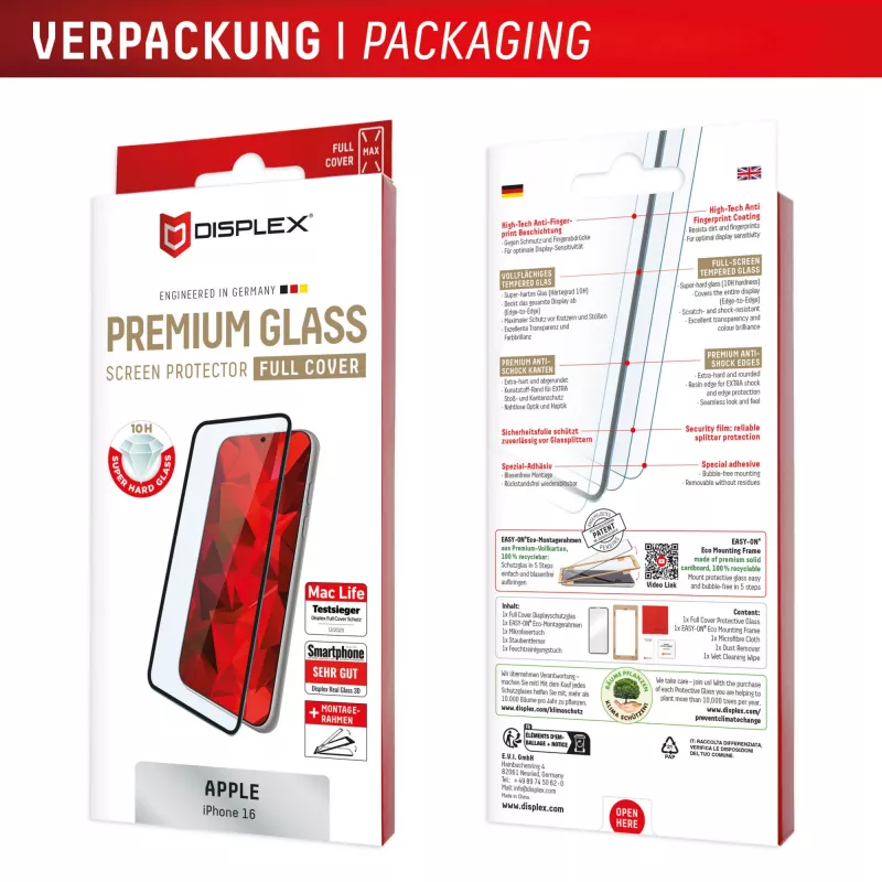 Displex Premium lámina protectora de pantalla (Full Cover, 10H) para Apple iPhone 16, marco de montaje Eco, Full Cover