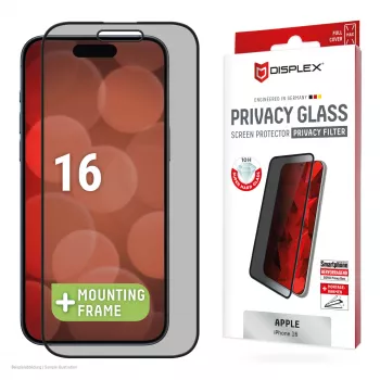 Protector de pantalla con filtro de privacidad Displex (10H) para Apple iPhone 16, marco de montaje Eco, filtro de privacidad