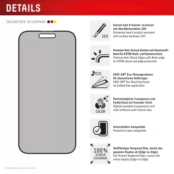 Protector de pantalla con filtro de privacidad Displex (10H) para Apple iPhone 16, marco de montaje Eco, filtro de privacidad