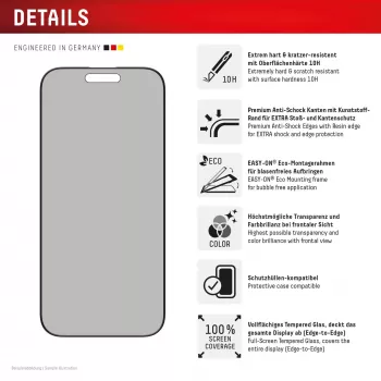 Protector de pantalla con filtro de privacidad Displex (10H) para Apple iPhone 16 Pro, marco de montaje Eco, filtro de privacidad