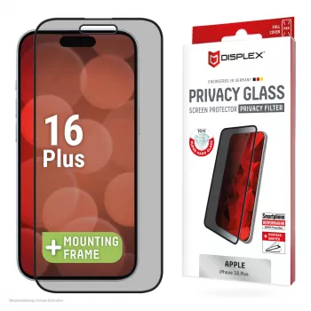 Protector de pantalla con filtro de privacidad Displex (10H) para Apple iPhone 16 Plus, marco de montaje Eco, filtro de privacidad
