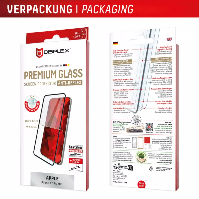 Displex Premium protector de pantalla (Full Cover, 10H) para Apple iPhone 17 Pro Max, marco de montaje Eco, Full Cover