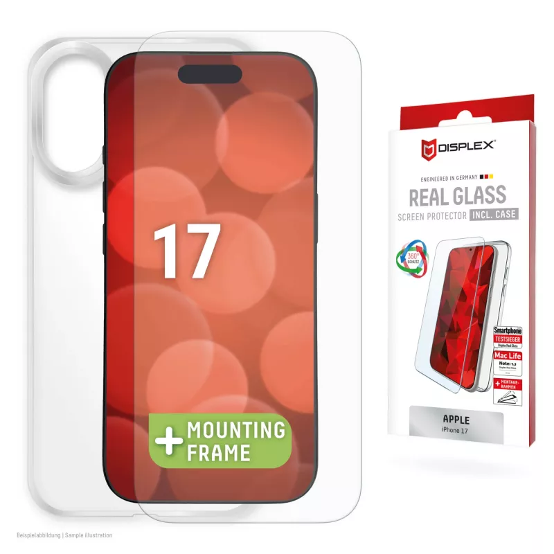 Lámina protectora de pantalla + funda Displex para Apple iPhone 17, marco de montaje Eco, resistente a arañazos