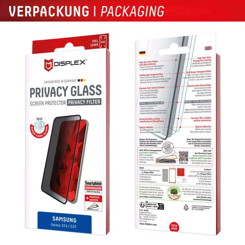 Protector de pantalla Displex (10H) para Samsung Galaxy S24/S25, marco de montaje Eco, filtro de privacidad
