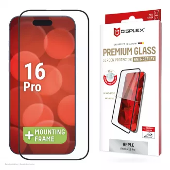 Protector de pantalla Displex Premium Anti-Reflex (cobertura total antirreflejo, 10H) para Apple iPhone 16 Pro, marco de montaje Eco, cobertura total