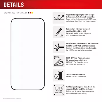 Protector de pantalla Displex Premium Anti-Reflex (cobertura total antirreflejo, 10H) para Apple iPhone 16 Pro, marco de montaje Eco, cobertura total