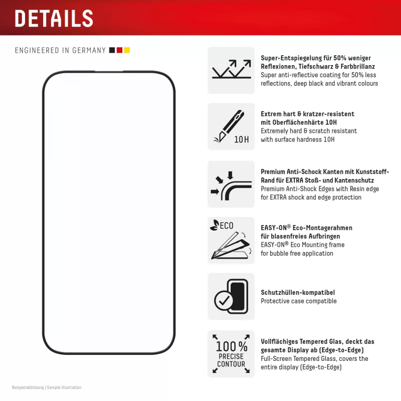 Protector de pantalla Displex Premium Anti-Reflex (cobertura total antirreflejo, 10H) para Apple iPhone 16 Pro, marco de montaje Eco, cobertura total