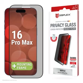 Protector de pantalla Displex de privacidad (10H) para Apple iPhone 16 Pro Max, marco de montaje Eco, filtro de privacidad