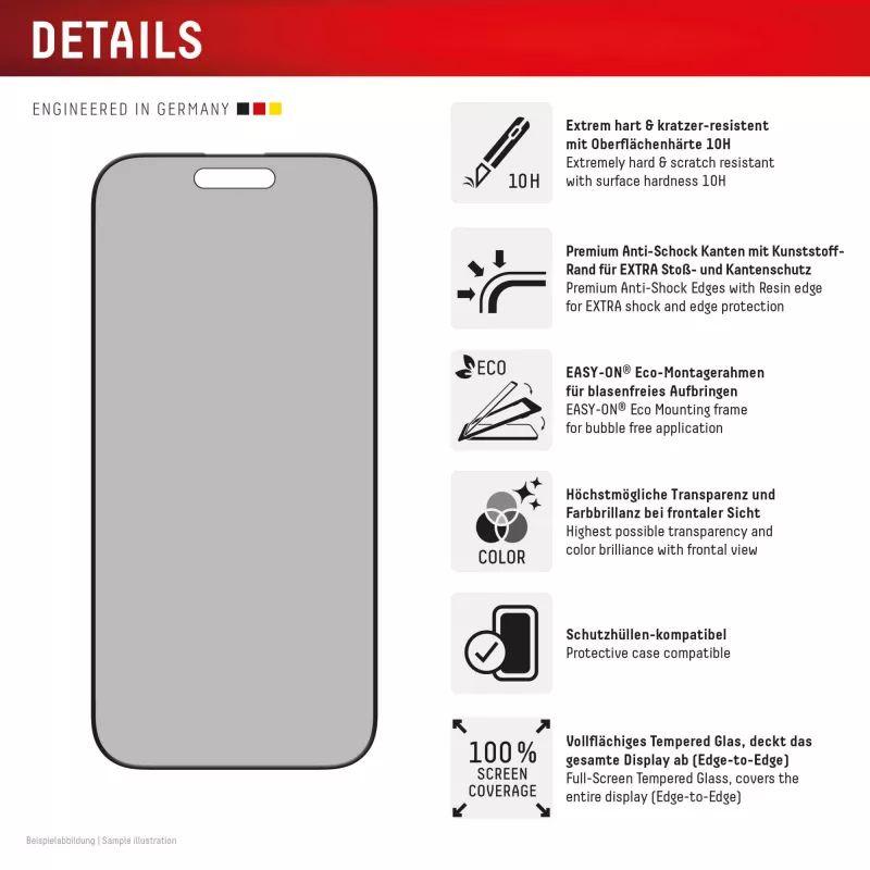 Protector de pantalla Displex de privacidad (10H) para Apple iPhone 16 Pro Max, marco de montaje Eco, filtro de privacidad