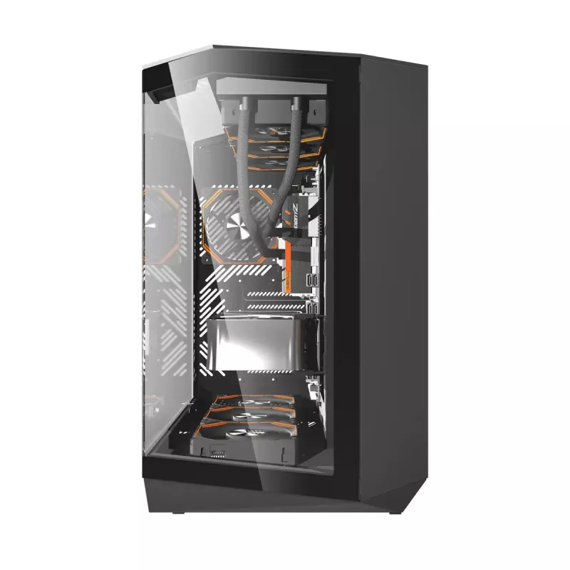 Caja de PC Darkflash DY470 Full Tower — Negra, SPCC, compatible con ITX/ATX, HDD 3,5 inch/2,5 inch, 1x 120 mm trasero, ventilador lateral 120 mm