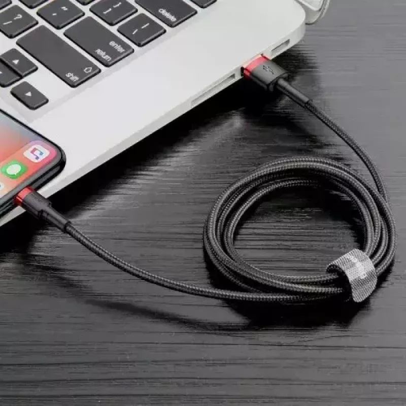 Cable USB-A a Lightning Baseus CALKLF-C19 2 m — carcasa de aluminio, 1,5 A, negro/rojo