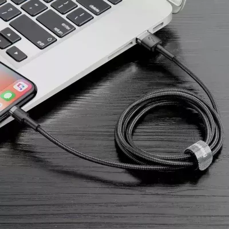 Cable USB-A a Lightning Baseus Cafule (CALKLF-CG1) — trenzado de nailon, QC3.0 1,5 A, 2 m, gris/negro