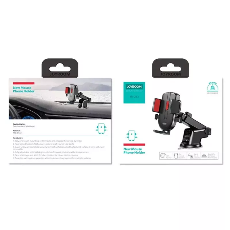Joyroom JR-OK3 soporte de coche para teléfono con brazo telescópico extensible para salpicadero y parabrisas, giro de 210°, 4–6,7 pulgadas, negro