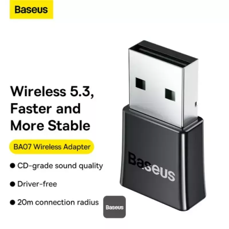 Adaptador Bluetooth mini Baseus BA07 para PC, USB 5.3 receptor dongle Bluetooth inalámbrico - negro