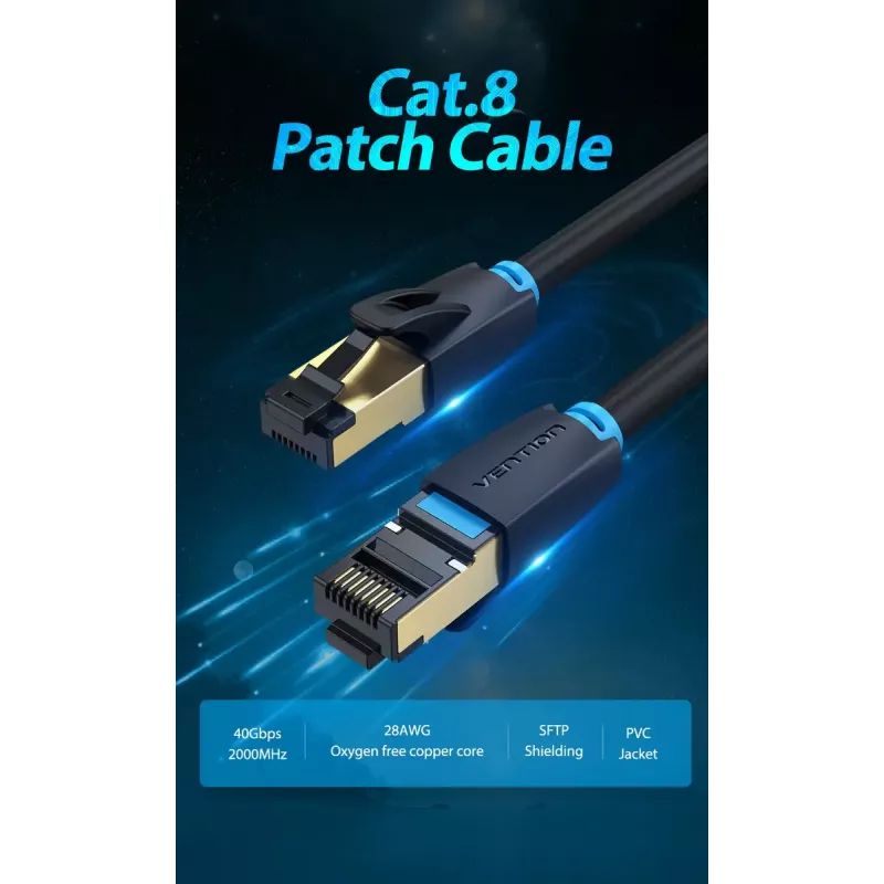 Cable de red Vention Cat.8 S/FTP 1 m negro RJ-45 con contactos bañados en oro
