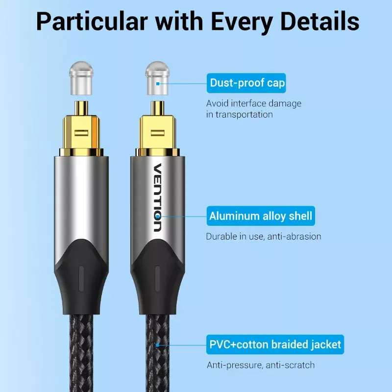 Cable de fibra óptica Vention 3 m TOSLINK macho a macho, gris, funda de nailon, contactos bañados en oro