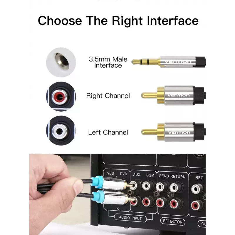 Cable de audio Vention 3,5 mm jack a 2× RCA macho, 3 m, negro, contactos bañados en oro