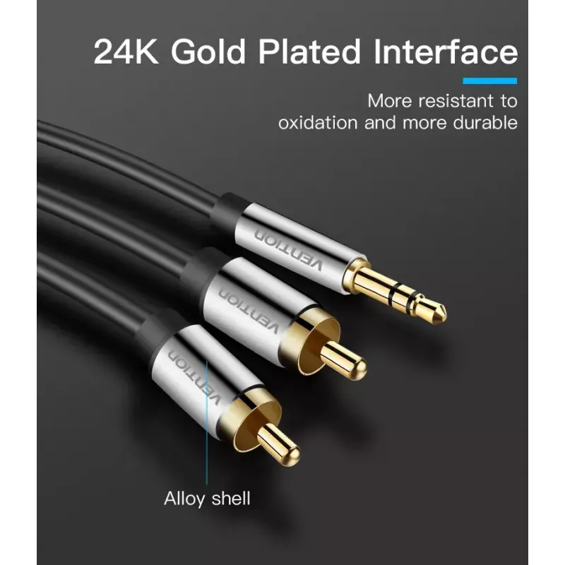 Cable de audio Vention 3,5 mm jack a 2× RCA macho, 3 m, negro, contactos bañados en oro