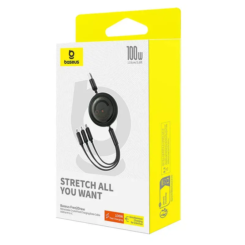 Cable USB 3 en 1 Baseus Free2Draw (USB-A a Micro USB + Lightning + USB-C), 100 W, 1,1 m, negro