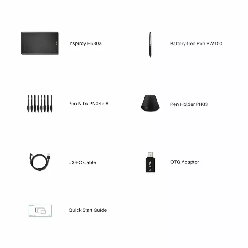 Huion Inspiroy H580X tableta gráfica, 8 x 5 pulgadas, 5080 LPI, 8192 niveles de presión, 8 teclas de acceso rápido, USB-C