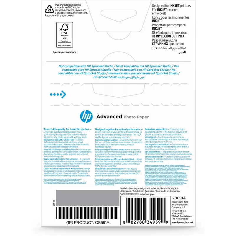 Papel fotográfico HP Advanced Photo Paper Glossy 250 g/m2 10 x 15 cm (101 x 152 mm) 25 hojas