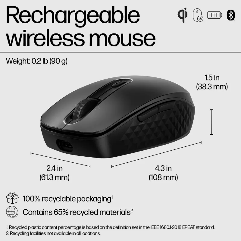 Ratón inalámbrico recargable HP 695, ambidiestro, Bluetooth, 4000 DPI, negro
