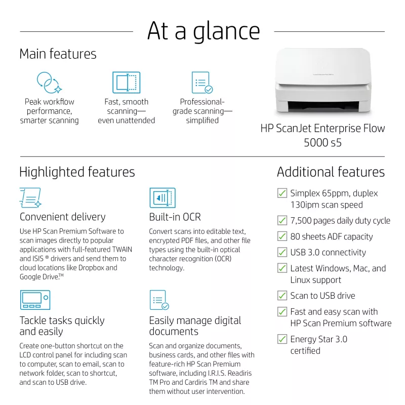 Escáner de alimentación por hojas HP Scanjet Enterprise Flow 5000 s5 600 x 600 DPI A4 blanco