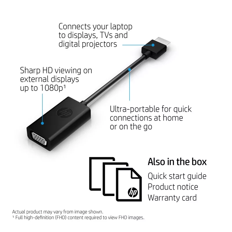 Adaptador HP HDMI a VGA, 0,045 m, HDMI, VGA (D-Sub), conector macho, conector hembra, negro