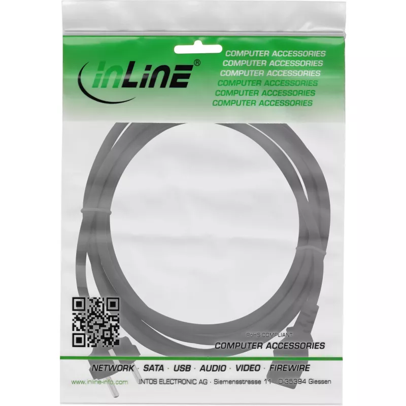 Cable de alimentación InLine, CEE 7/7 recto / conector IEC C13 de 3 polos, negro, 3 m