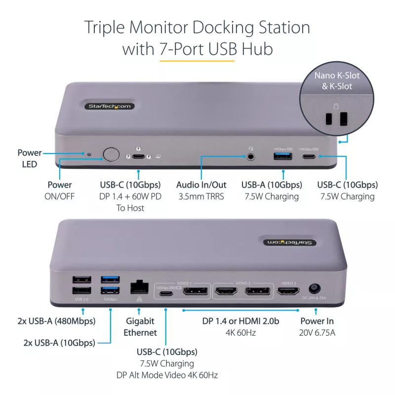 Dock para portátil/replicador de puertos StarTech.com DK31C3MNCRUE con cable USB 3.2 Gen 2 (3.1 Gen 2) Type-C
