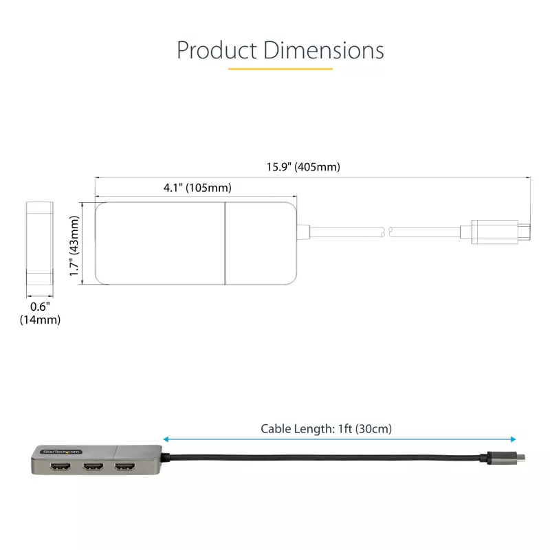 Hub MST USB-C de 3 puertos StarTech.com – Adaptador USB Type-C a 3x HDMI multipantalla para portátil – Triple HDMI hasta 4K 60Hz con DP 1.4 Alt Mode y DSC – HDR – cable de 30 cm – solo Windows