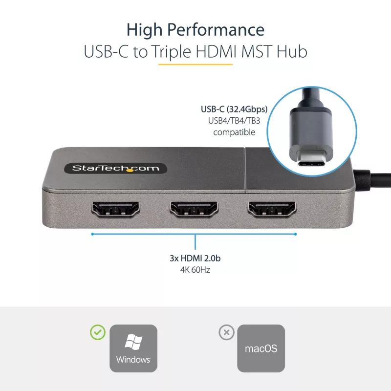 Hub MST USB-C de 3 puertos StarTech.com – Adaptador USB Type-C a 3x HDMI multipantalla para portátil – Triple HDMI hasta 4K 60Hz con DP 1.4 Alt Mode y DSC – HDR – cable de 30 cm – solo Windows