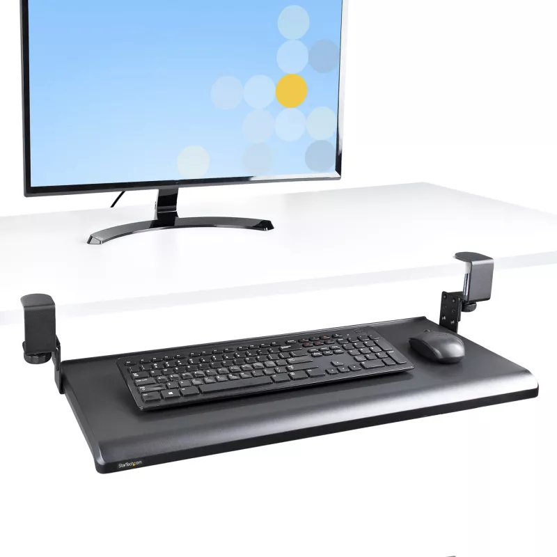 Bandeja de teclado bajo mesa StarTech.com, soporte ergonómico de teclado con abrazaderas, hasta 12 kg, bandeja extraíble para teclado y ratón con abrazaderas en C, bandeja de teclado regulable en altura (100/120/140 mm)