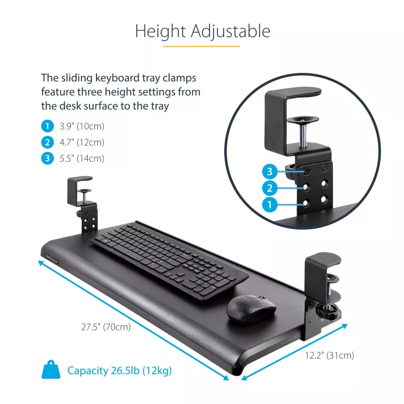 Bandeja de teclado bajo mesa StarTech.com, soporte ergonómico de teclado con abrazaderas, hasta 12 kg, bandeja extraíble para teclado y ratón con abrazaderas en C, bandeja de teclado regulable en altura (100/120/140 mm)