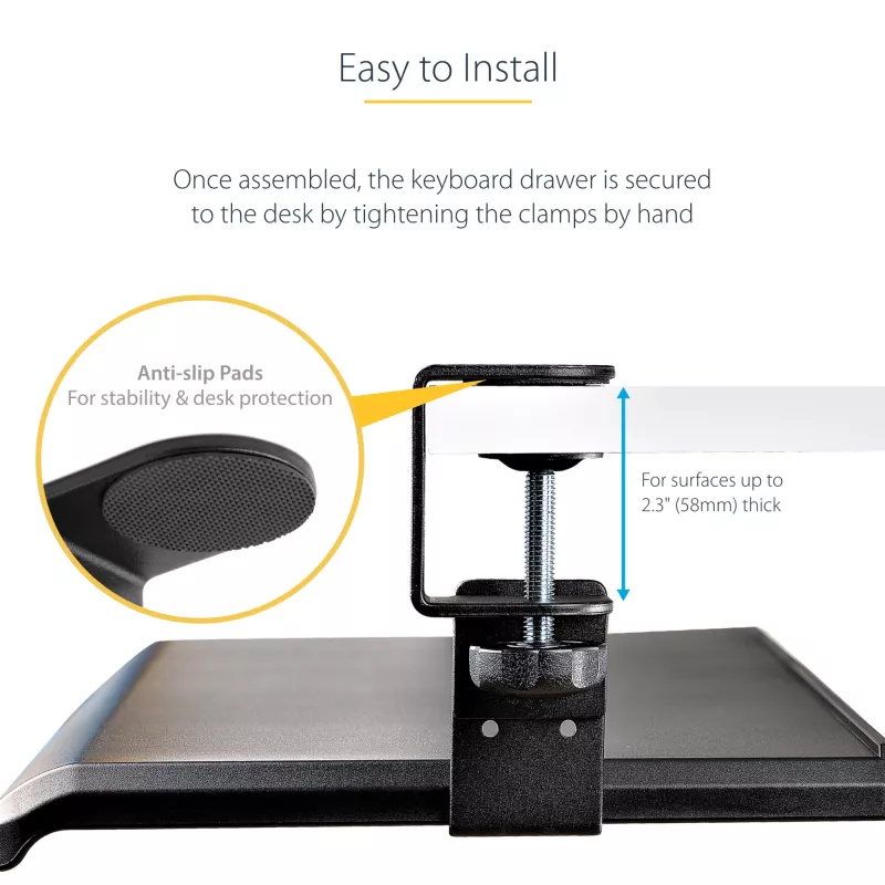 Bandeja de teclado bajo mesa StarTech.com, soporte ergonómico de teclado con abrazaderas, hasta 12 kg, bandeja extraíble para teclado y ratón con abrazaderas en C, bandeja de teclado regulable en altura (100/120/140 mm)