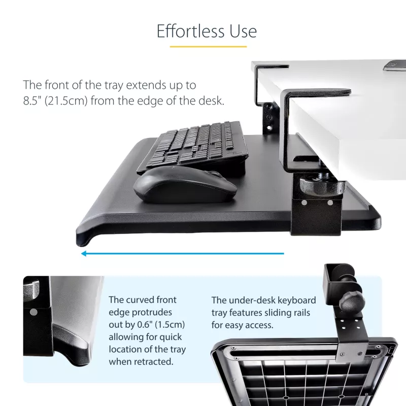 Bandeja de teclado bajo mesa StarTech.com, soporte ergonómico de teclado con abrazaderas, hasta 12 kg, bandeja extraíble para teclado y ratón con abrazaderas en C, bandeja de teclado regulable en altura (100/120/140 mm)