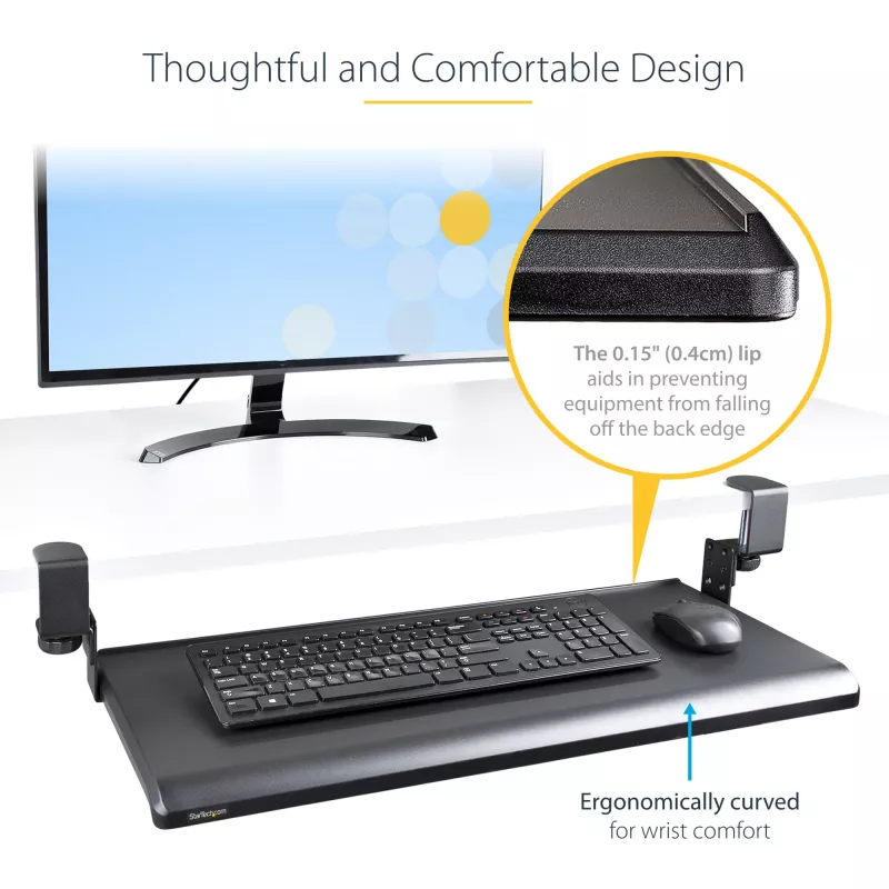 Bandeja de teclado bajo mesa StarTech.com, soporte ergonómico de teclado con abrazaderas, hasta 12 kg, bandeja extraíble para teclado y ratón con abrazaderas en C, bandeja de teclado regulable en altura (100/120/140 mm)
