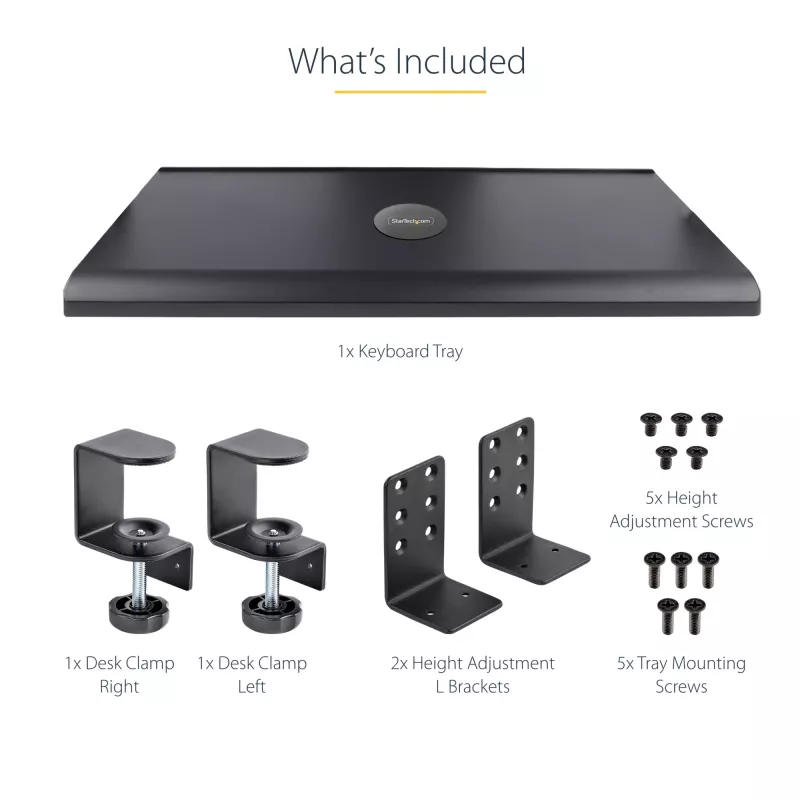 Bandeja de teclado bajo mesa StarTech.com, soporte ergonómico de teclado con abrazaderas, hasta 12 kg, bandeja extraíble para teclado y ratón con abrazaderas en C, bandeja de teclado regulable en altura (100/120/140 mm)
