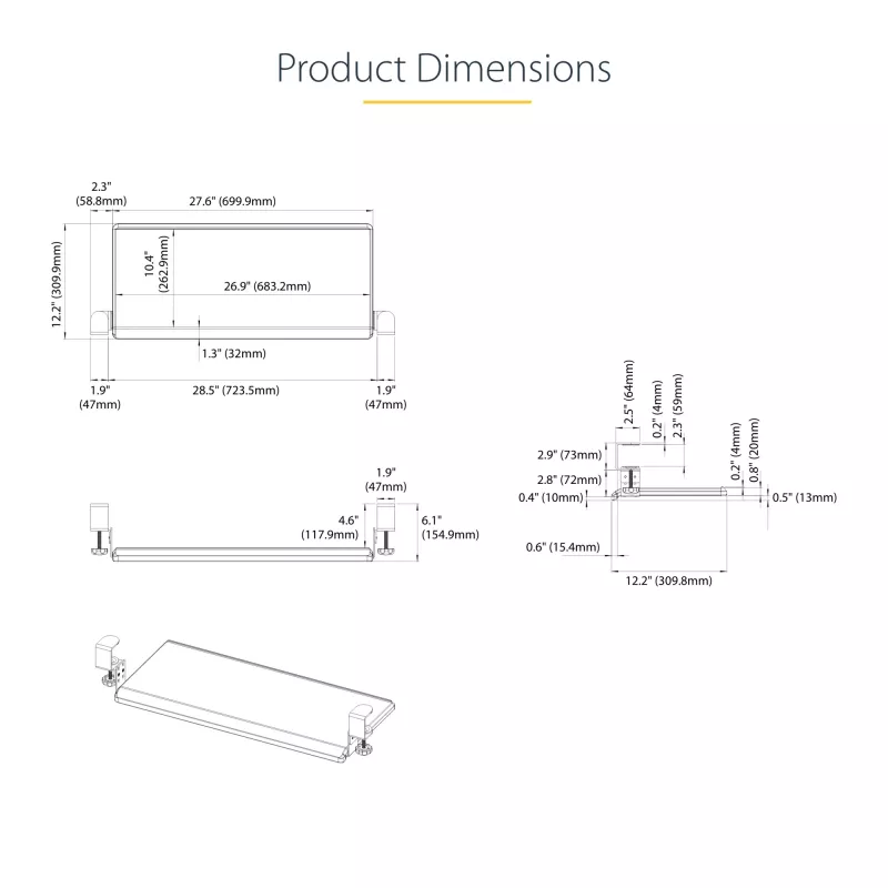 Bandeja de teclado bajo mesa StarTech.com, soporte ergonómico de teclado con abrazaderas, hasta 12 kg, bandeja extraíble para teclado y ratón con abrazaderas en C, bandeja de teclado regulable en altura (100/120/140 mm)