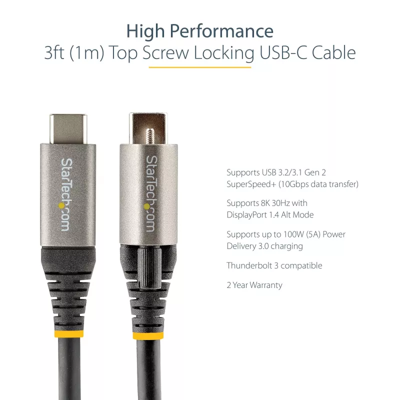 StarTech.com cable USB-C de 1 m con bloqueo de tornillo superior 10 Gbit/s – cable USB 3.1/3.2 Gen 2 Type-C – carga Power Delivery 100 W (5 A), modo DP-Alt – bloqueo de tornillo individual, cable USB-C para cargar/sincronizar