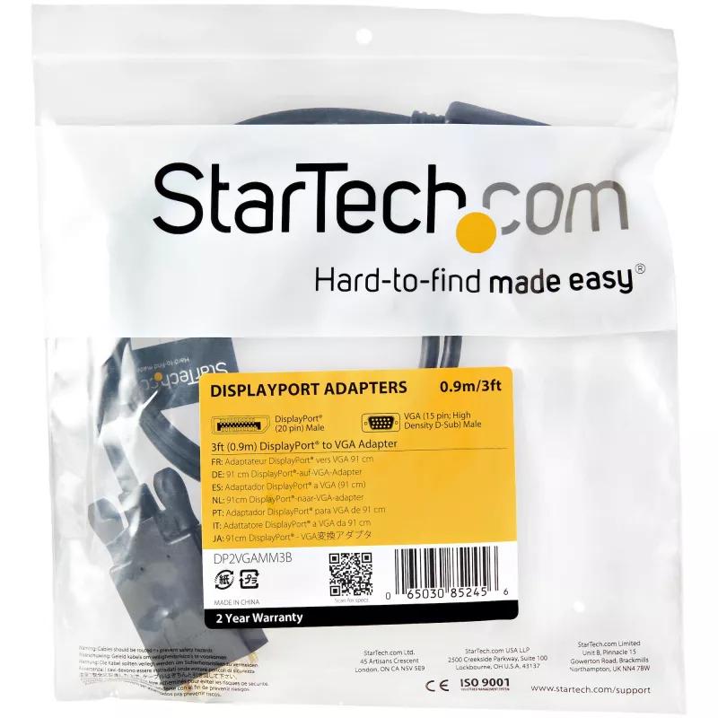 StarTech.com DP2VGAMM3B cable adaptador activo de DisplayPort a VGA, 3 pies (1 m), 1920x1200, conector DP con cierre, negro