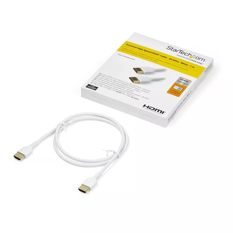 Cable HDMI 2.0 StarTech.com 3ft (1m) delgado, cable HDMI flexible con certificación Premium con Ethernet, UHD 4K 60Hz HDR10, diseño robusto de tejido de aramida con funda TPE, blanco