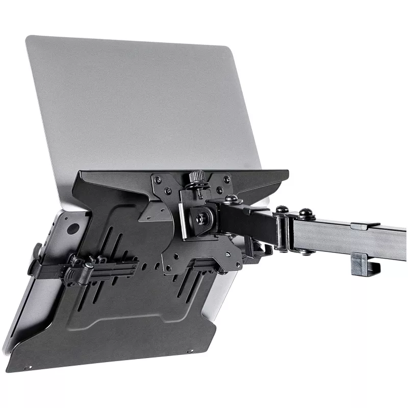 Bandeja para portátil VESA StarTech.com – bandeja ajustable para portátil para brazos de monitor, sujeta portátiles (4,5 kg / 9,9 lb) – orificios de montaje VESA 75x75 y 100x100 – ventilada – para soportes/bases de monitor de escritorio