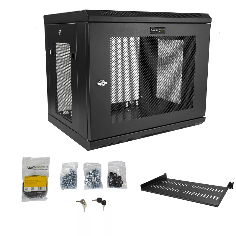 StarTech.com Rack de red de pared de 2 postes 9U con bandeja de 1U, rack de servidor de pared de 19