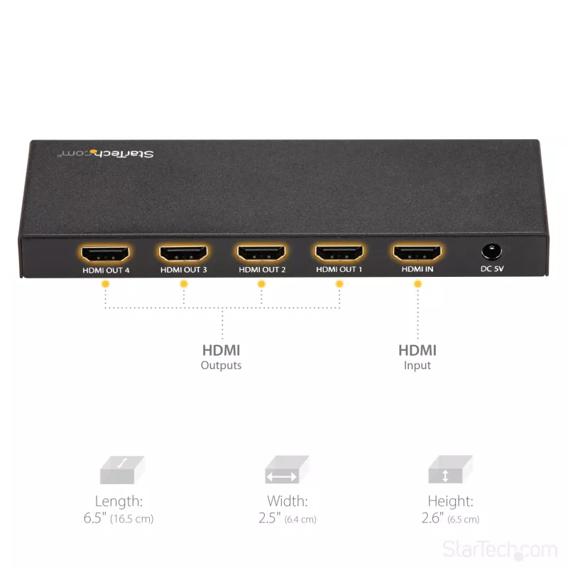 Splitter HDMI de 4 puertos StarTech.com – 4K 60 Hz, HDMI, 4x HDMI, 3840 x 2160 píxeles, Negro, 4K Ultra HD, 60 Hz